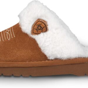 ARIAT Women's Jackie Square Toe Warm Soft Genuine Suede Leather Indoor Outdoor Slippers with Plush Collar, Chestnut, 10
