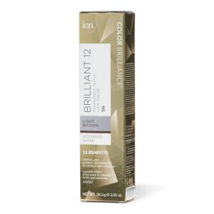 ion 5N Light Brown Brilliant 12 Permanent Gloss Hair Color High Shine, AntiFade UV Protection, 100% Gray Coverage, PPD Free, 2.05 Oz