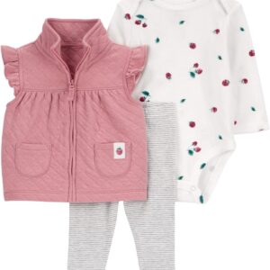 Carter's Baby girls' 3 Piece Vest Set (Quilted Pink/Raspberry, 6 Months)
