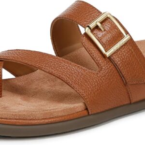 VIONIC Women's Carmela Thongs Flip-Flop, Tan Brown Leather, 6.5