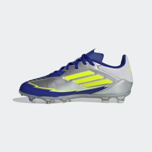 adidas F50 League Messi Firm Multi Ground Sneaker, Silver Metallic/Solar Yellow/Lucid Blue, 5 US Unisex Big Kid