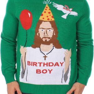 Tipsy Elves Ugly Christmas Sweaters for Men - Colorful and Funny Men's Christmas Sweaters - Hilarious Holiday Pullovers - Men's Green Happy Birthday Jesus Christmas Ugly Sweater Size X-Large