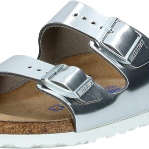 Birkenstock Women's Arizona Soft Footbed Sandals, Metallic Silver, 7-7.5 Narrow Women/5-5.5 Narrow Men