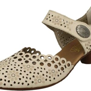 Rieker 43753 Mirjam Women's Mary Jane Heels - Low-Heel Leather Shoes with Adjustable Ankle Strap & Laser-Cut Design - Comfortable Women’s Heels for Casual & Dressy Wear Beige 7-7.5 M US