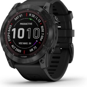 Garmin Fenix 7X Sapphire Solar, Larger Sized Adventure smartwatch, with Solar Charging Capabilities, Rugged Outdoor Watch with GPS, Touchscreen, Wellness Features, Black DLC Titanium with Black Band