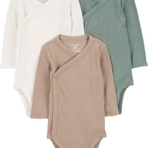 Carter's 3-Pack Side-Snap Little Baby Basics Bodysuit (Ivory/Brown/Green, 12 Months)