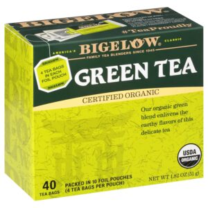 Bigelow Tea Organic Green Tea Bags Box, Caffeinated Tea with Green Tea, 40 Count Box (Pack of 6), 240 Total Tea Bags