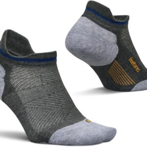 Feetures Elite Max Cushion No Show Tab Ankle Socks - Sport Sock with Targeted Compression - Iron Seal, L (1 Pair)