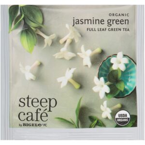Steep Café Organic Jasmine Green Tea, 50 Bags per Box, Single Source, Premium Whole Leaf Teas in a Sachet Pyramid Bag, Individually Wrapped in a Foil Pouch, Hot or Iced, by Bigelow Tea