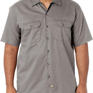 Cherokee Mens Short Sleeve Work Utility Button Down Shirt, Silver, XX-Large US